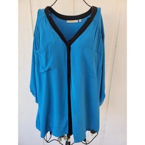 Sejour Womens Size 22W Top Blue Solid Black Roll Tab Sleeve 3X Tunic Plus Blouse